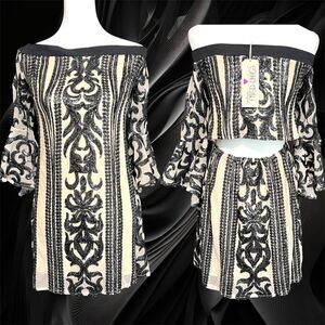 ✨ Southern Fried Chics Off-Shoulder Black Sequin Dress – Size M – NWT! ✨